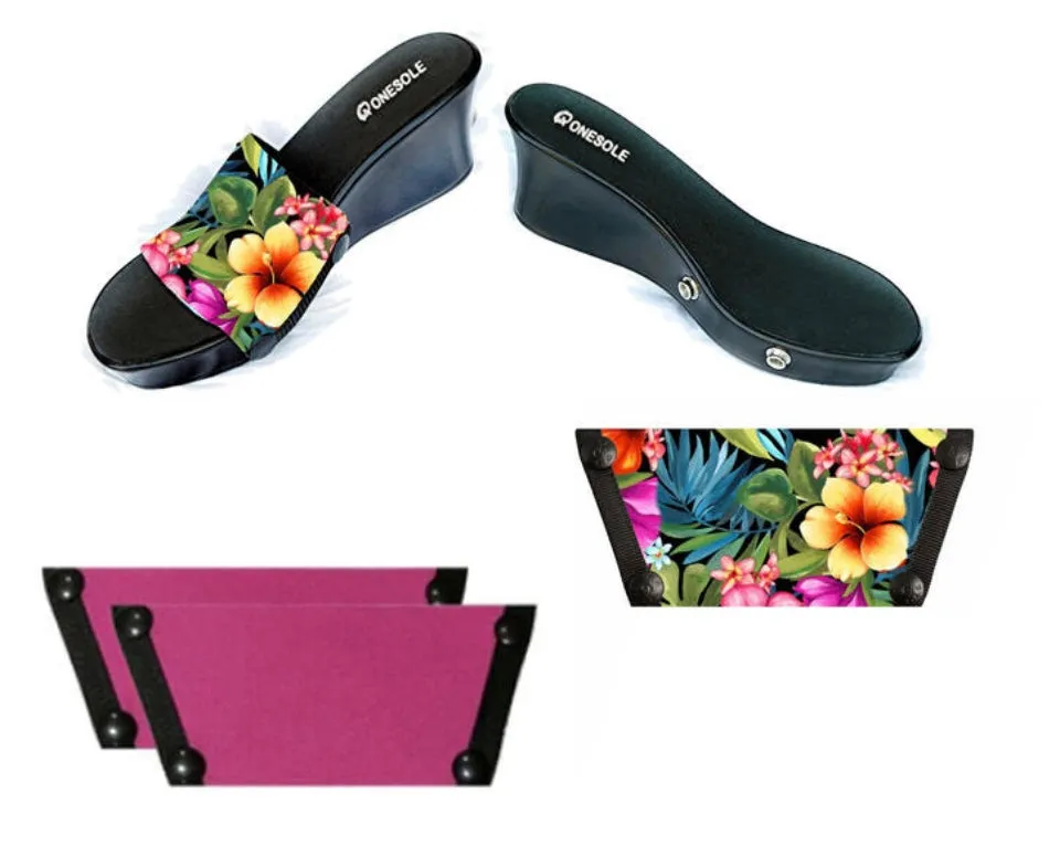 * Luau Floral & Fuschia Black Elegance Interchangeable Wedge Shoe Set