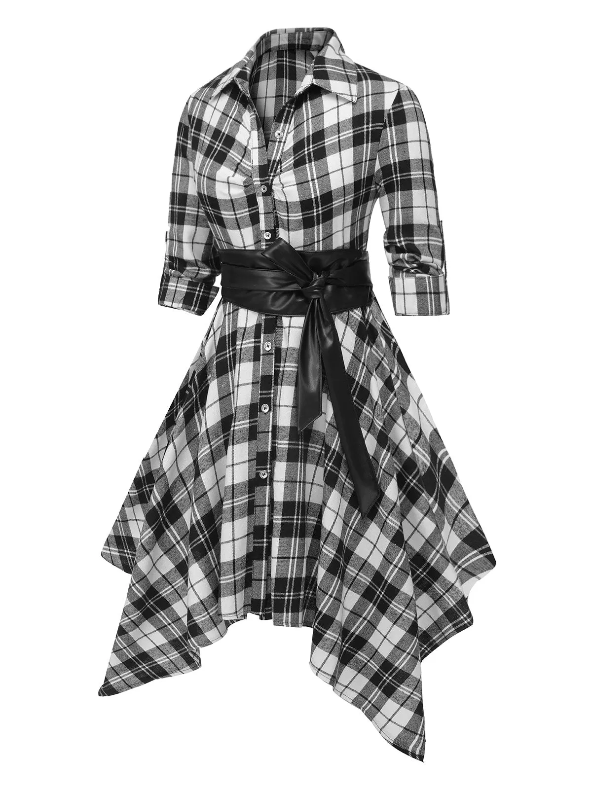 1950s 3/4 Sleeve Plaid Belt Long Tops