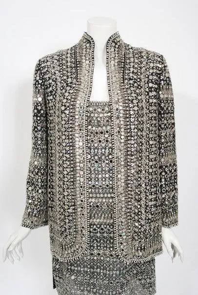 1979 Halston Couture Beaded Mirror Mini Dress & Jacket Made For Liza Minnelli