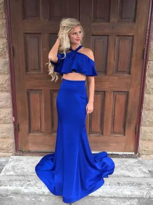 2 Pieces Royal Blue Halter Prom Dresses