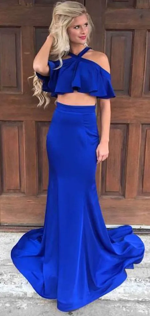 2 Pieces Royal Blue Halter Prom Dresses