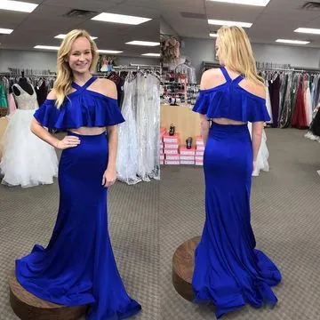 2 Pieces Royal Blue Halter Prom Dresses