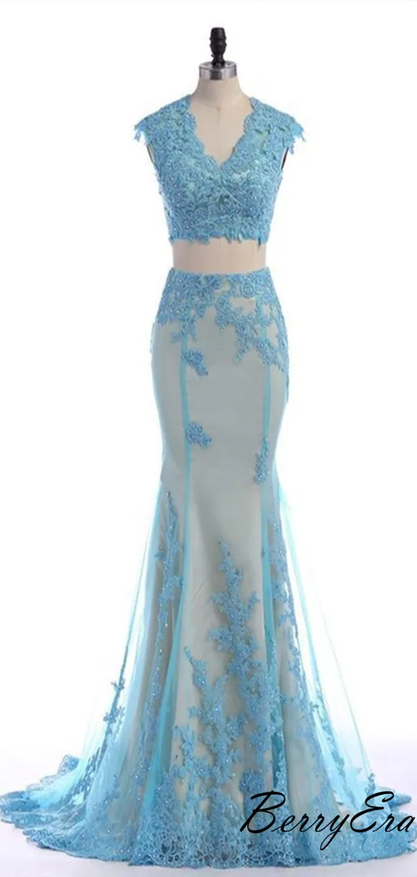 2019 Newest 2 Pieces Light Blue Lace Long Mermaid Prom Dresses