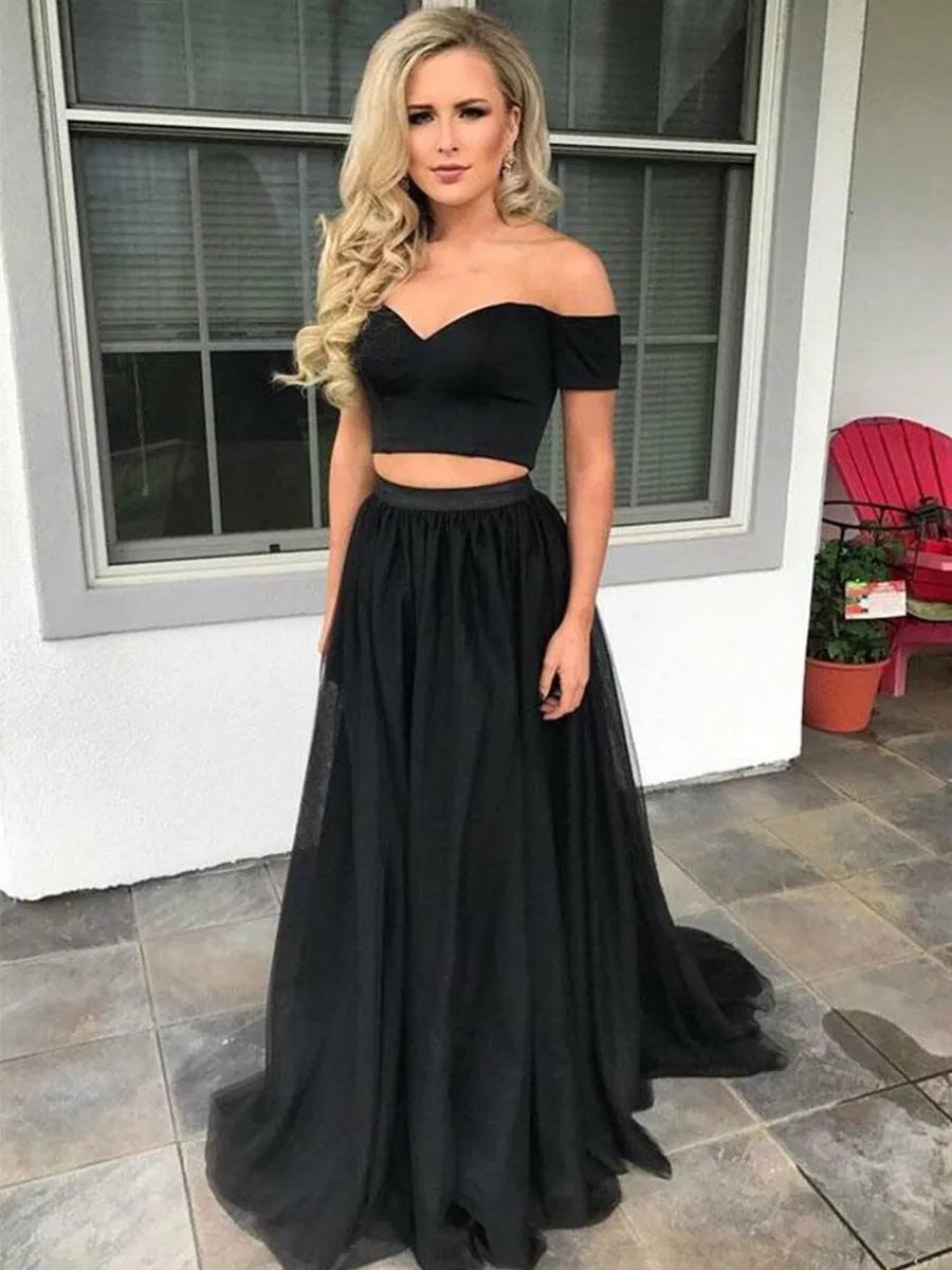 A Line Off Shoulder Two Pieces Black Prom Dresses, Black Off Shoulder Formal Dresses, Two Pieces Black Evening Dresses