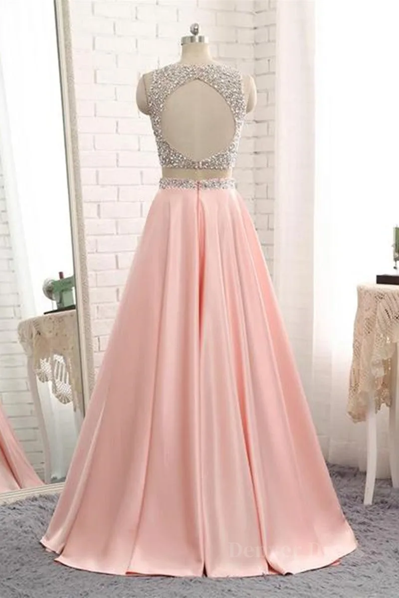 A Line Round Neck Two Pieces Beaded Pink Prom Dresses Two Pieces Pink Formal Dresses Pink Evening Dresses