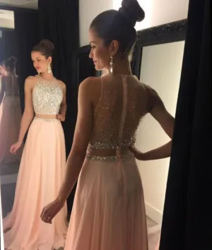 A Line Round Neck Two Pieces Pink Prom Dresses, Pink Formal Dresses, Evening Dresses