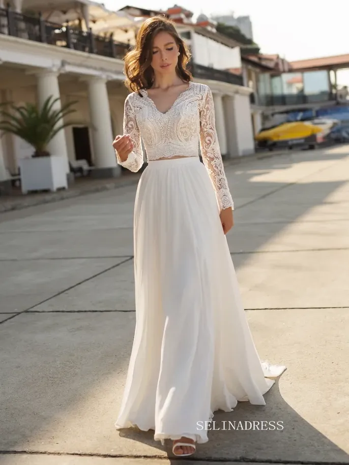 A-line Two Pieces Lace Wedding Dress Long Sleeve Rustic Country Wedding Dresses KTC011