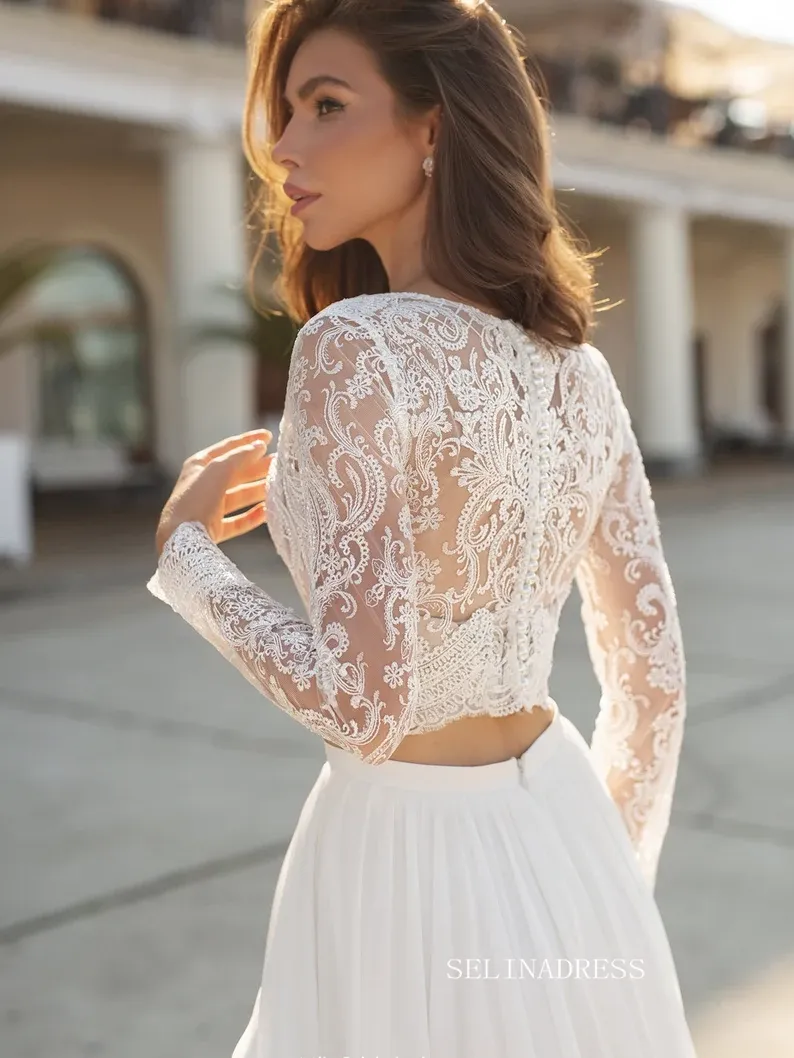 A-line Two Pieces Lace Wedding Dress Long Sleeve Rustic Country Wedding Dresses KTC011