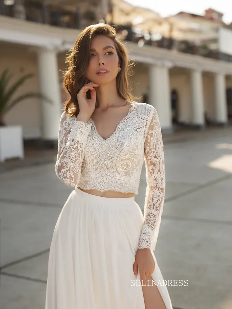 A-line Two Pieces Lace Wedding Dress Long Sleeve Rustic Country Wedding Dresses KTC011