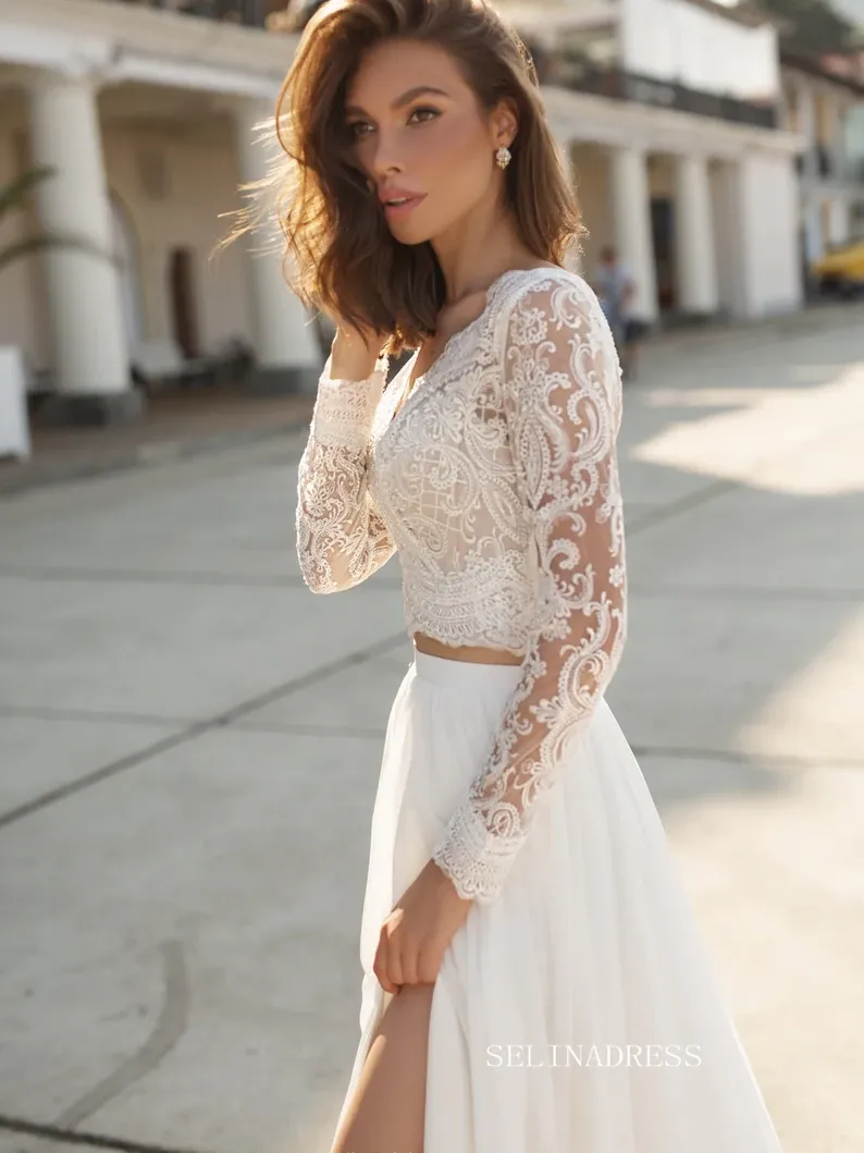 A-line Two Pieces Lace Wedding Dress Long Sleeve Rustic Country Wedding Dresses KTC011