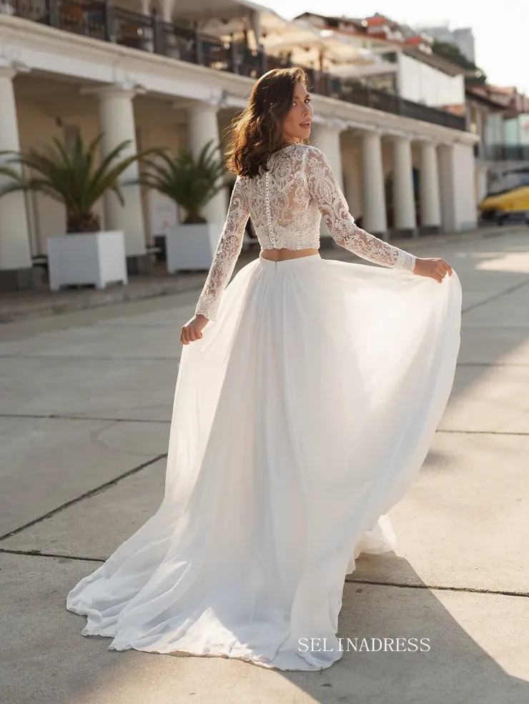 A-line Two Pieces Lace Wedding Dress Long Sleeve Rustic Country Wedding Dresses KTC011