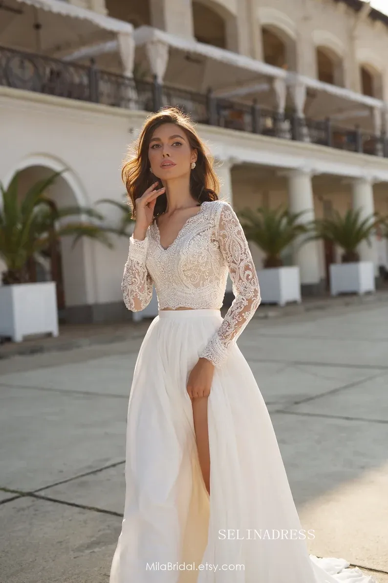 A-line Two Pieces Lace Wedding Dress Long Sleeve Rustic Country Wedding Dresses KTC011