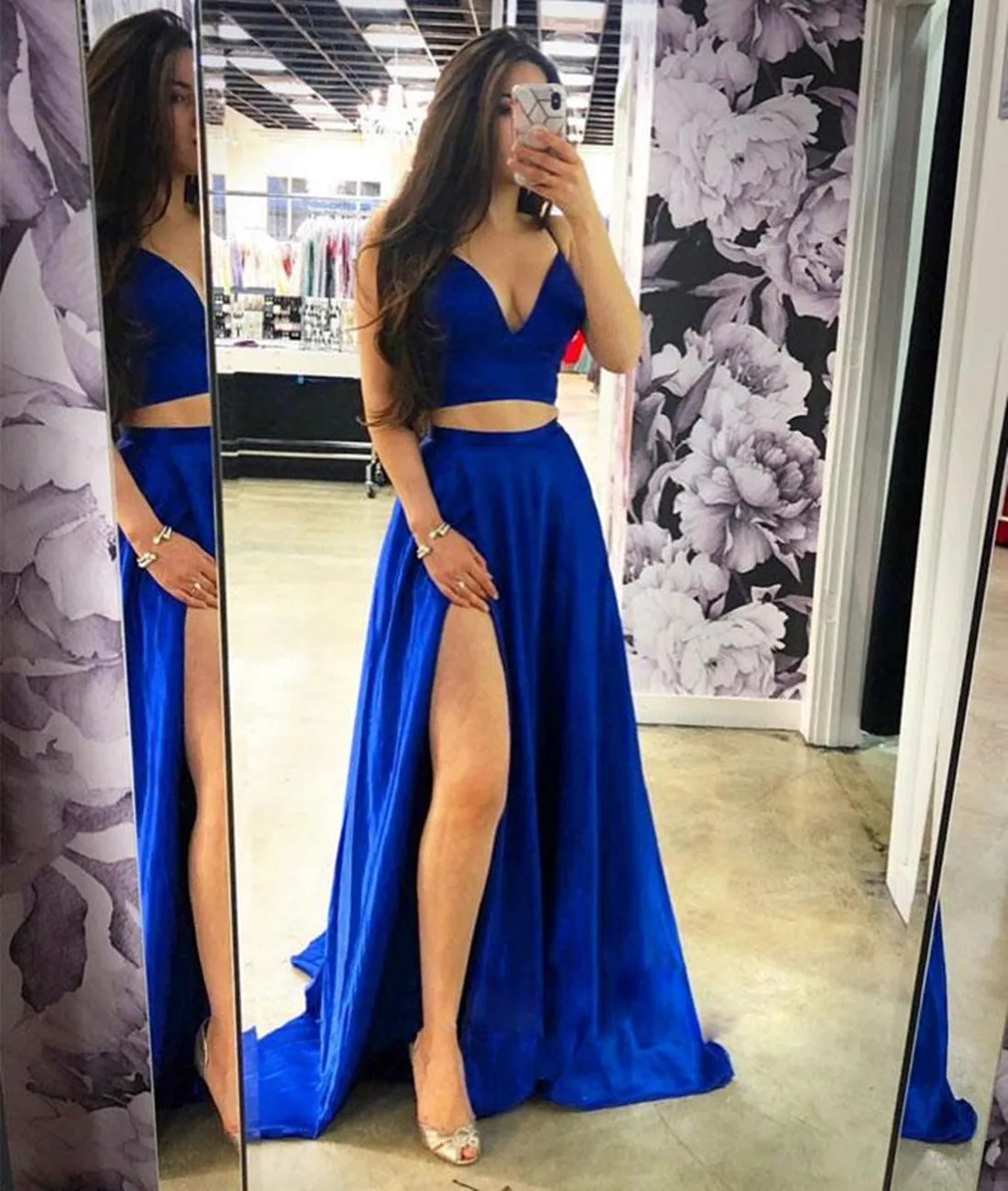 A Line Two Pieces Satin Blue Long Prom Dress with High Slit, Blue Formal Dress, Blue Graduation Dress, Evening Dress