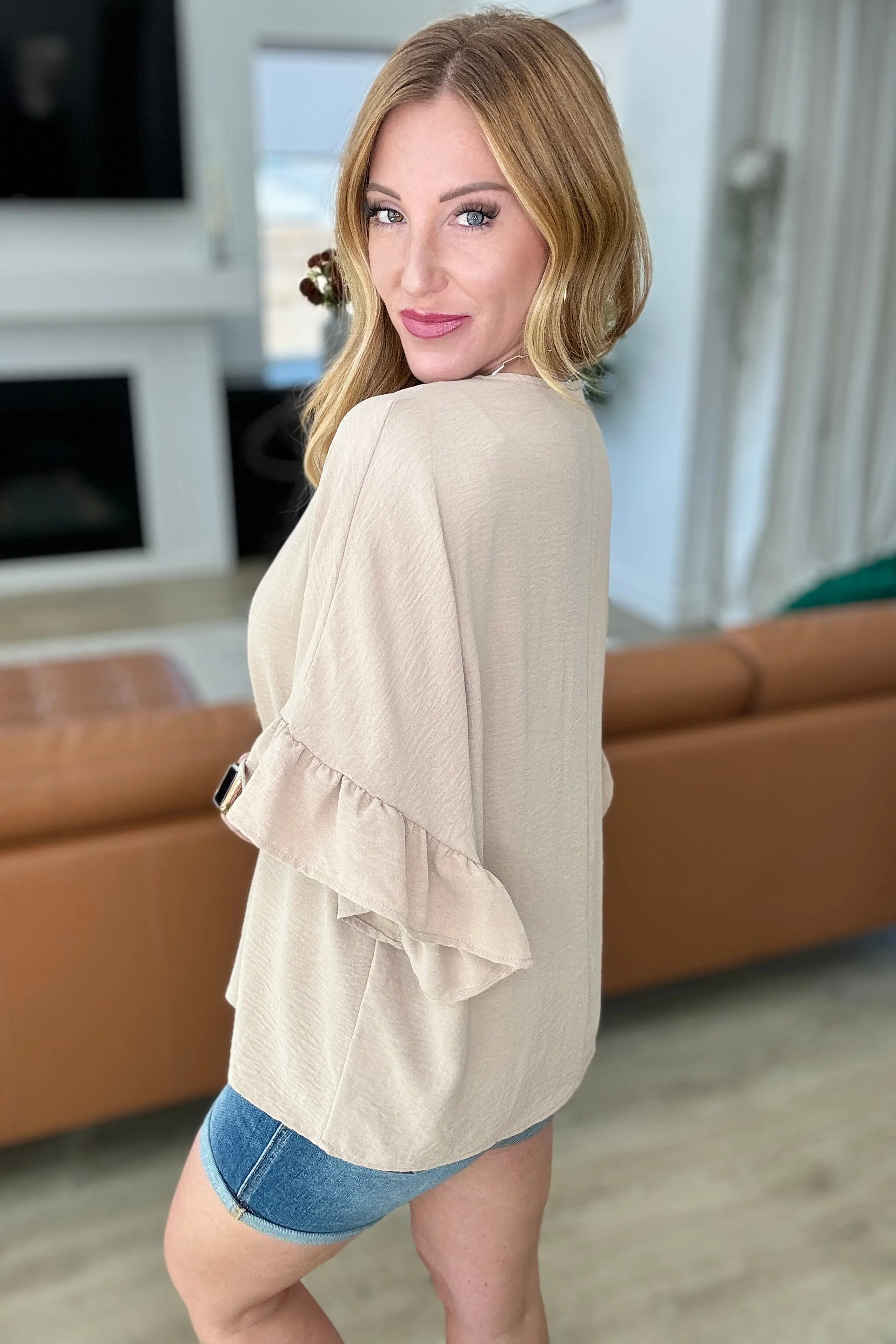 Airflow Peplum Ruffle Sleeve Top in Taupe - 4/24