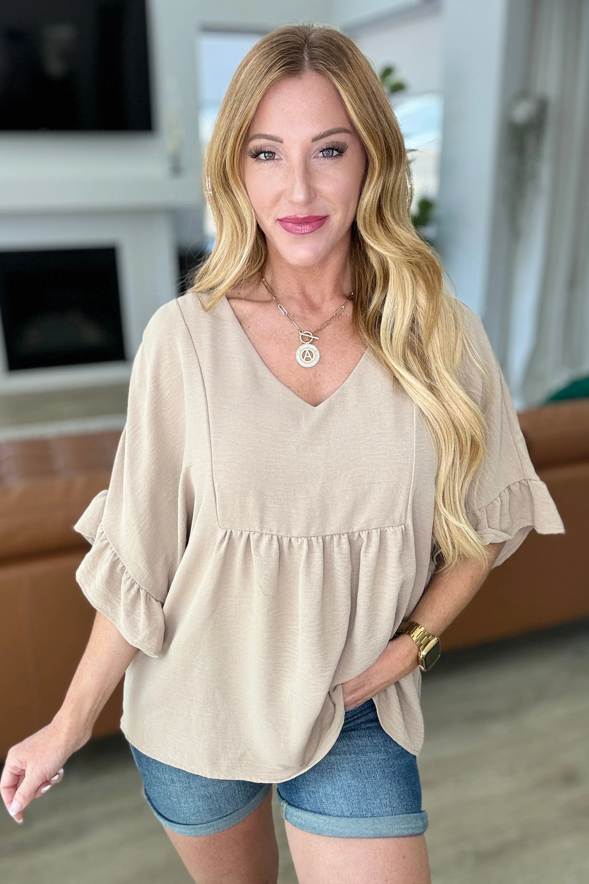 Airflow Peplum Ruffle Sleeve Top in Taupe - 4/24