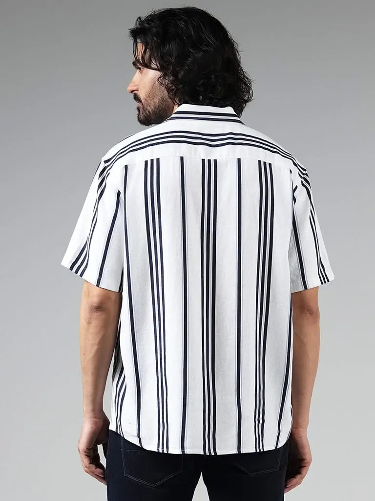 Ascot White Striped Relaxed-Fit Blended Linen Shirt