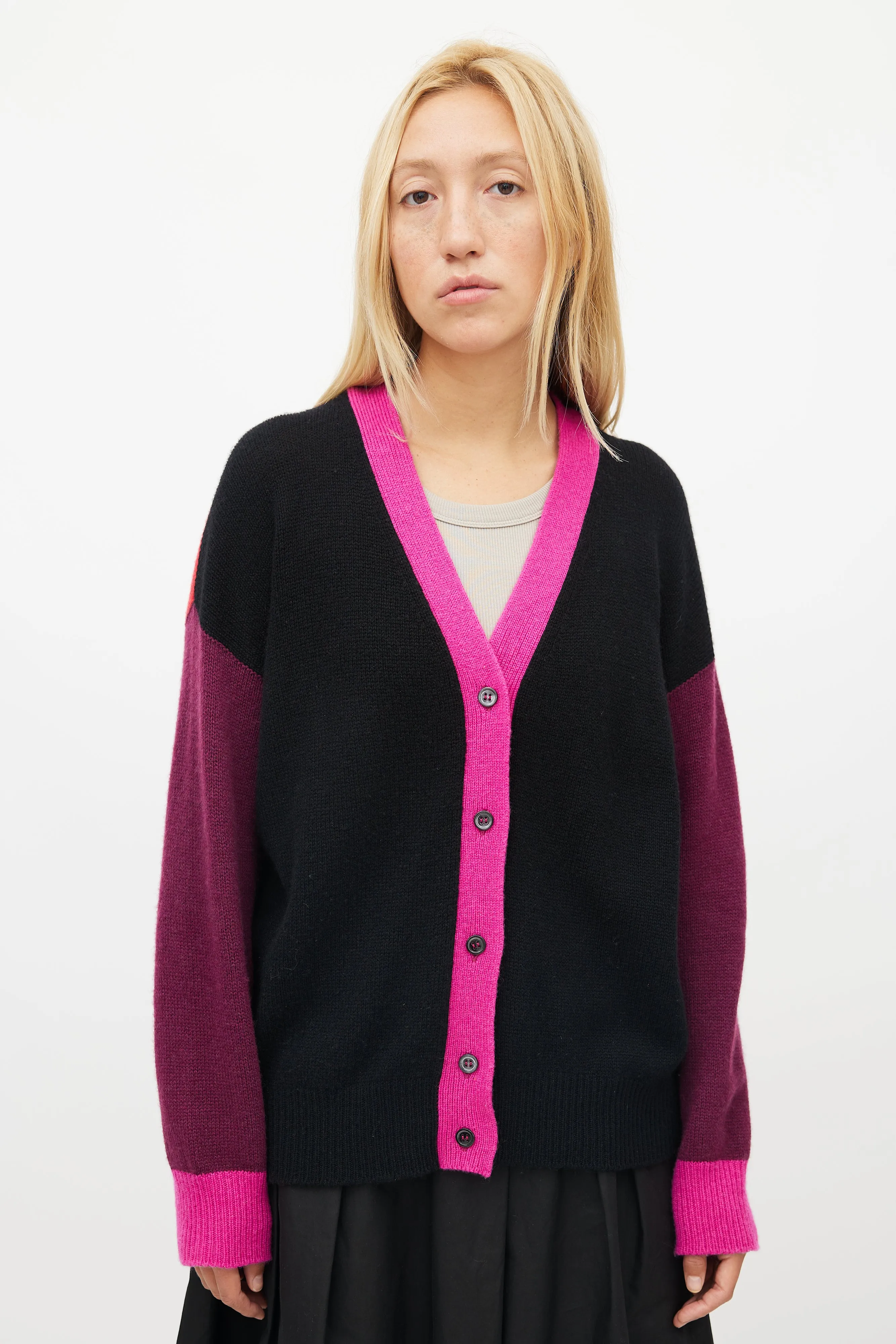Black & Multicolour Panelled Cashmere Cardigan