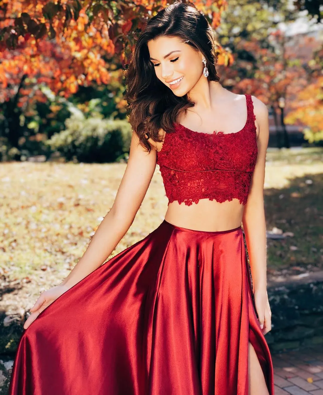 Burgundy Two Pieces Lace Satin Long Prom Dresses with High Split, Two Pieces Burgundy Formal Dresses, Lace Burgundy Evening Dresses