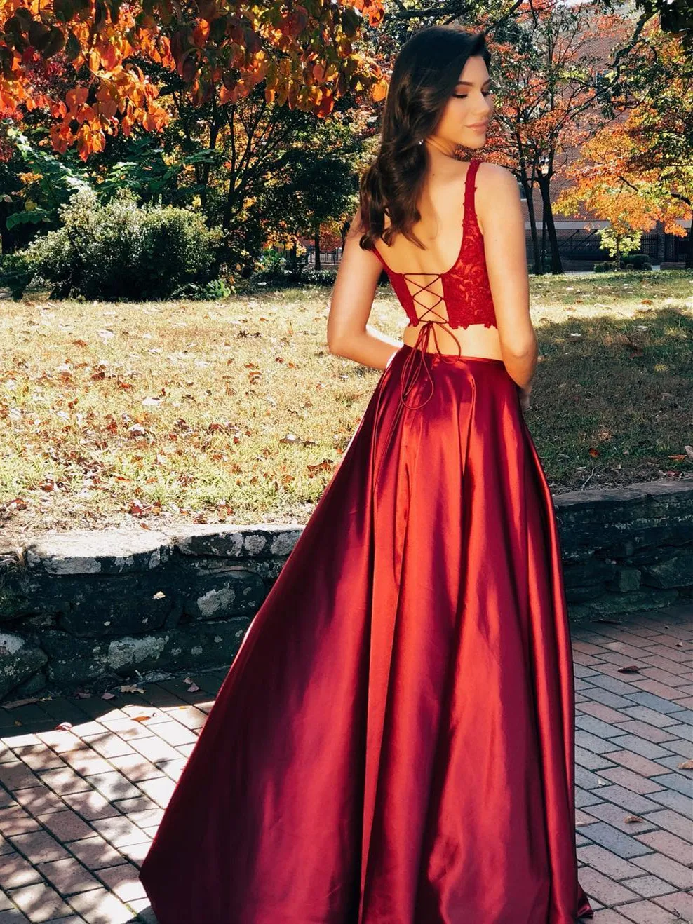 Burgundy Two Pieces Lace Satin Long Prom Dresses with High Split, Two Pieces Burgundy Formal Dresses, Lace Burgundy Evening Dresses