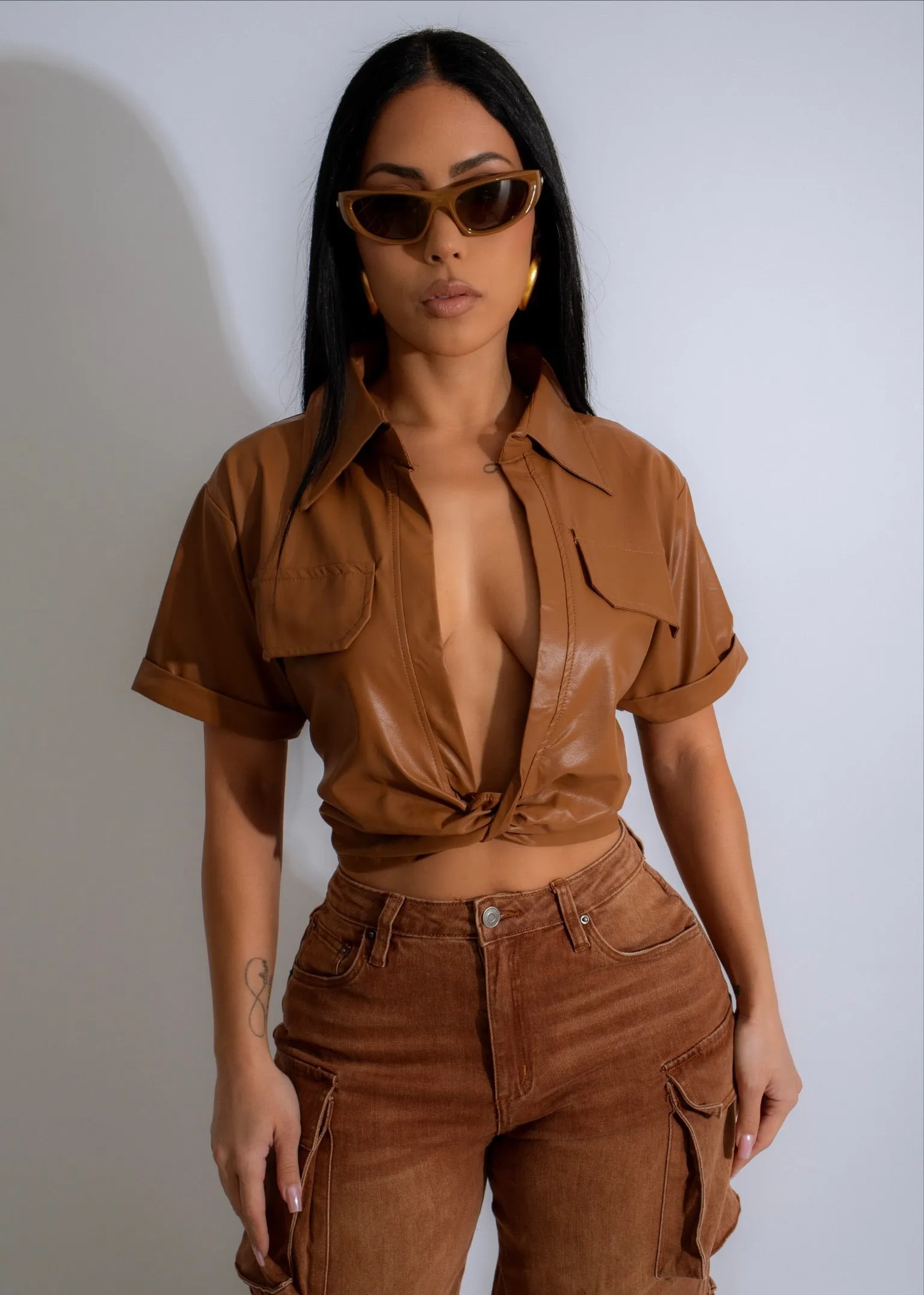 Canyon Breeze Faux Leather Crop Top Brown