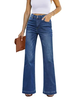 Dark Blue Women's Flare Full Length High Rise Denim Relaxed Fit Wide Leg Jeans