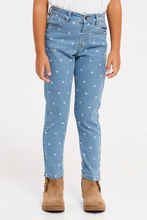 Girls Blue Heart Printed Jeans