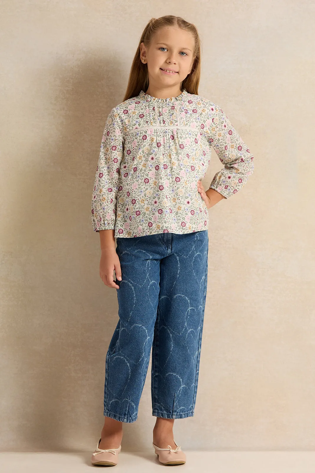 Girls Blue Heart Printed Mom Fit Jeans