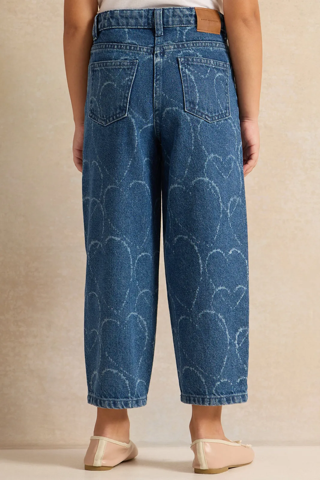 Girls Blue Heart Printed Mom Fit Jeans