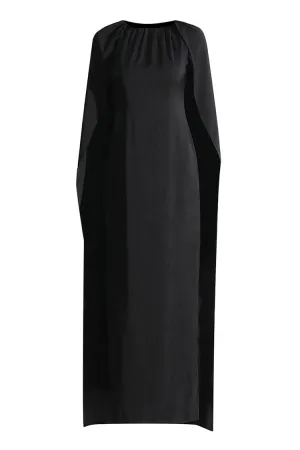 Goddess Ruched Crew Neck Tailored Waist Capelet Evening Maxi Dress