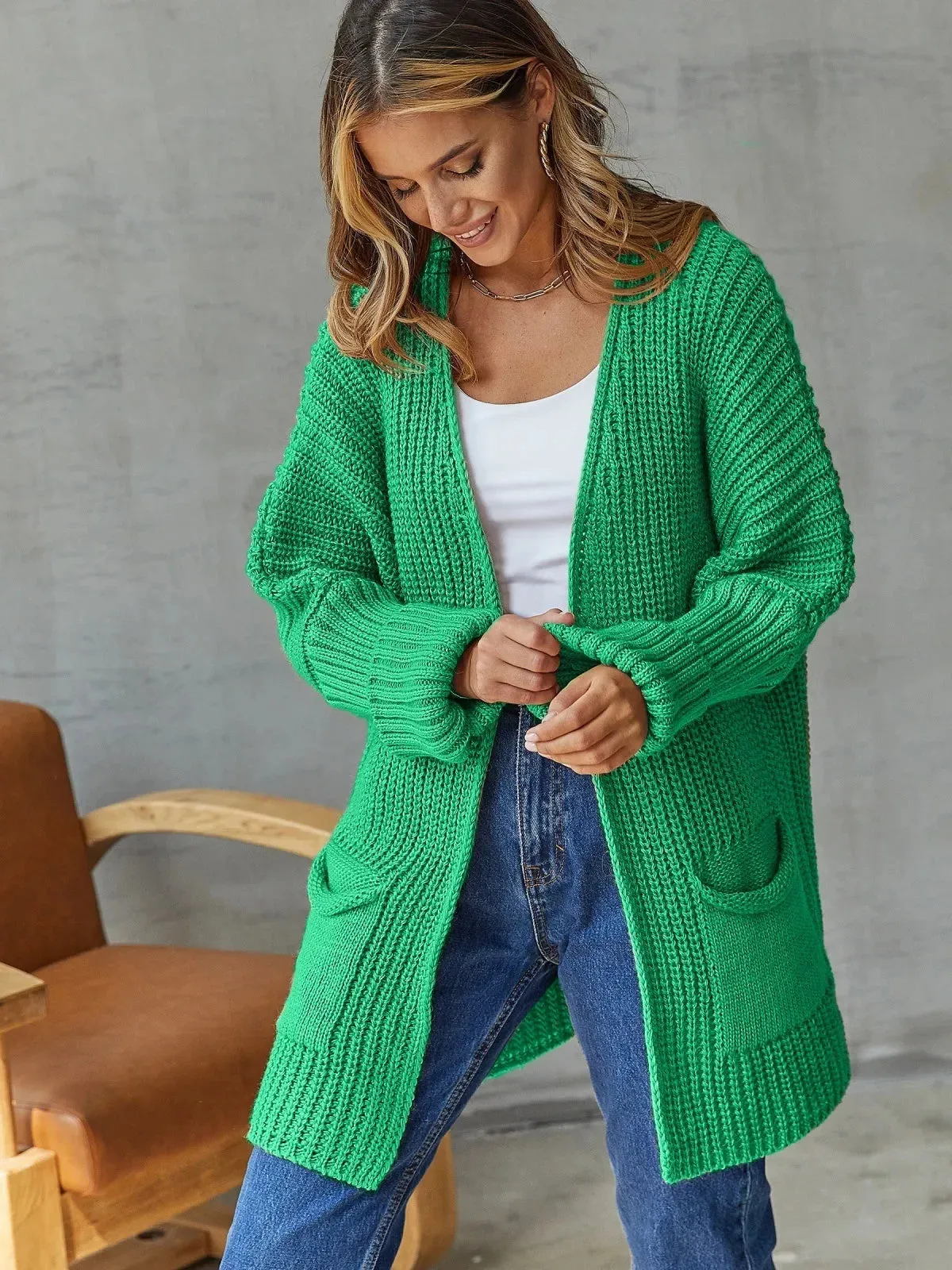 Green Knit Loose Heart Pocket Maxi Long Spring Autumn Winter Coats