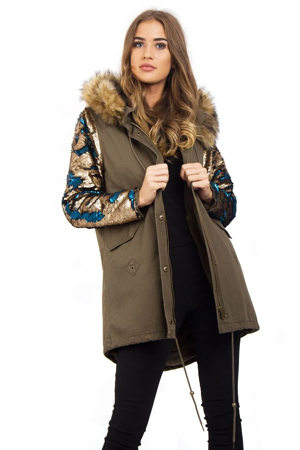 Hooded Two Sided Colour Change Sequin Arms Faux Fur Trim Fleece Parka Jacket Coat