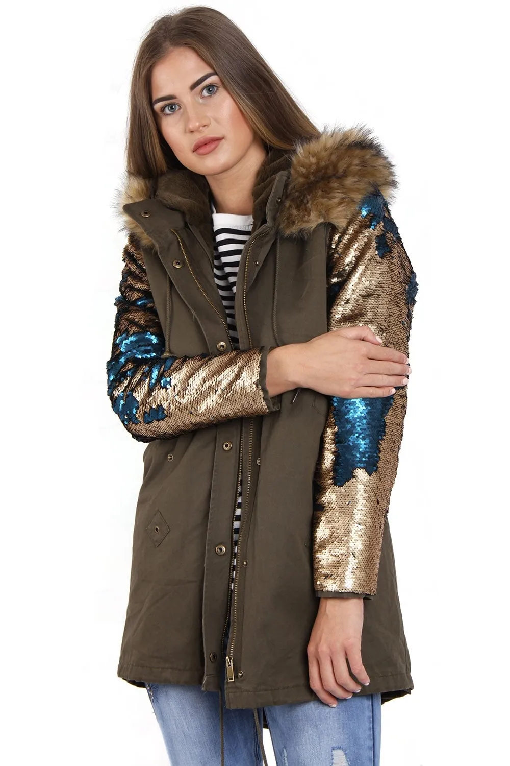 Hooded Two Sided Colour Change Sequin Arms Faux Fur Trim Fleece Parka Jacket Coat