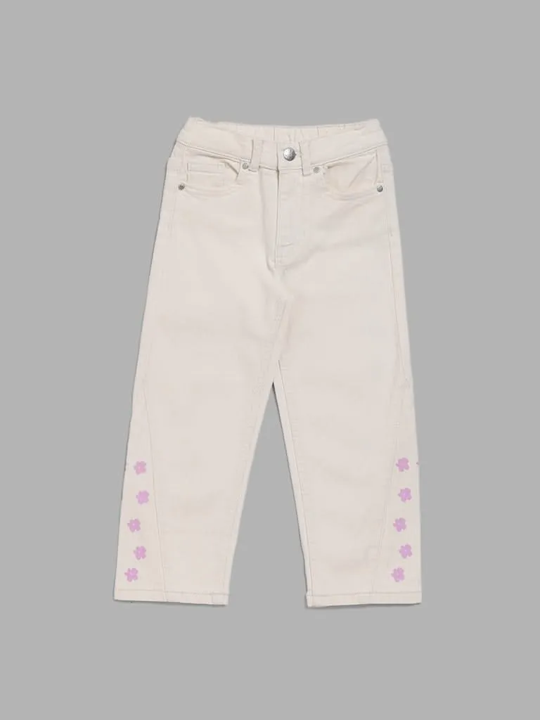 HOP Kids Off White Floral Printed Relaxed - Fit Mid - Rise Denim Jeans