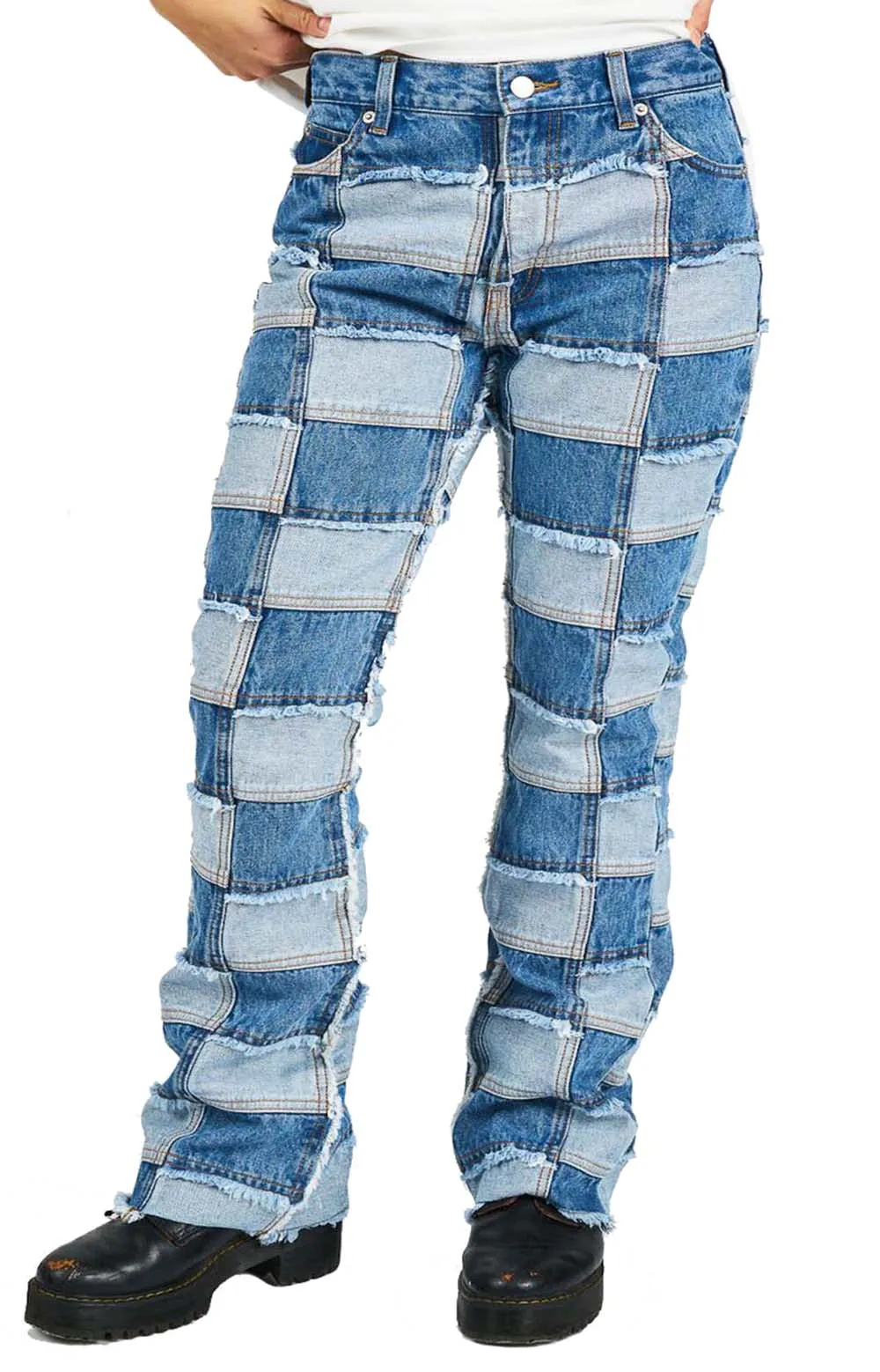 Indigo Patchwork High-Waisted Flare Jeans