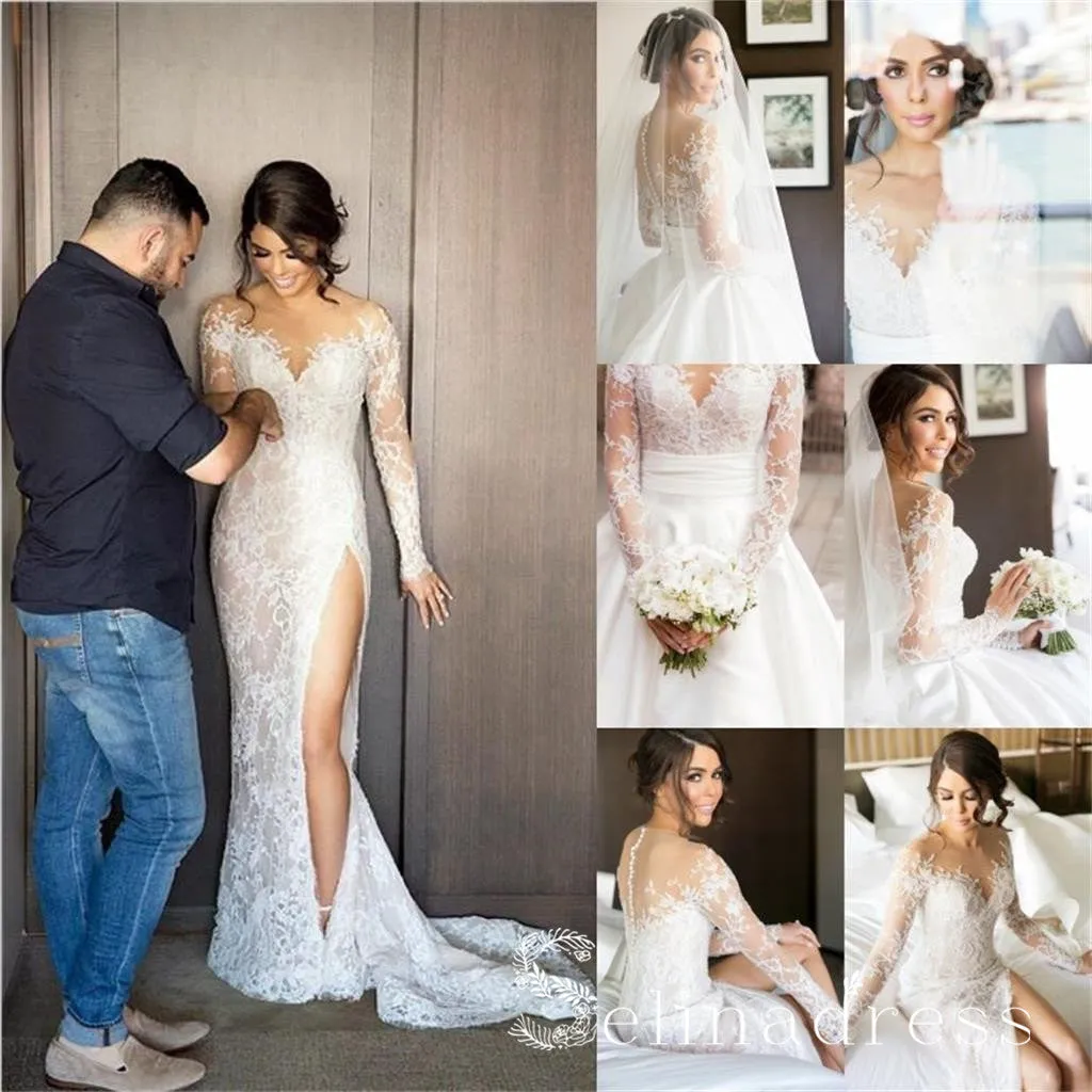 Long Sleeve Two Pieces Sexy Wedding Dresses Sheath/Column Split Bridal Gown SEW009