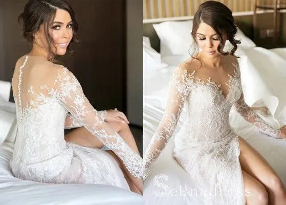 Long Sleeve Two Pieces Sexy Wedding Dresses Sheath/Column Split Bridal Gown SEW009