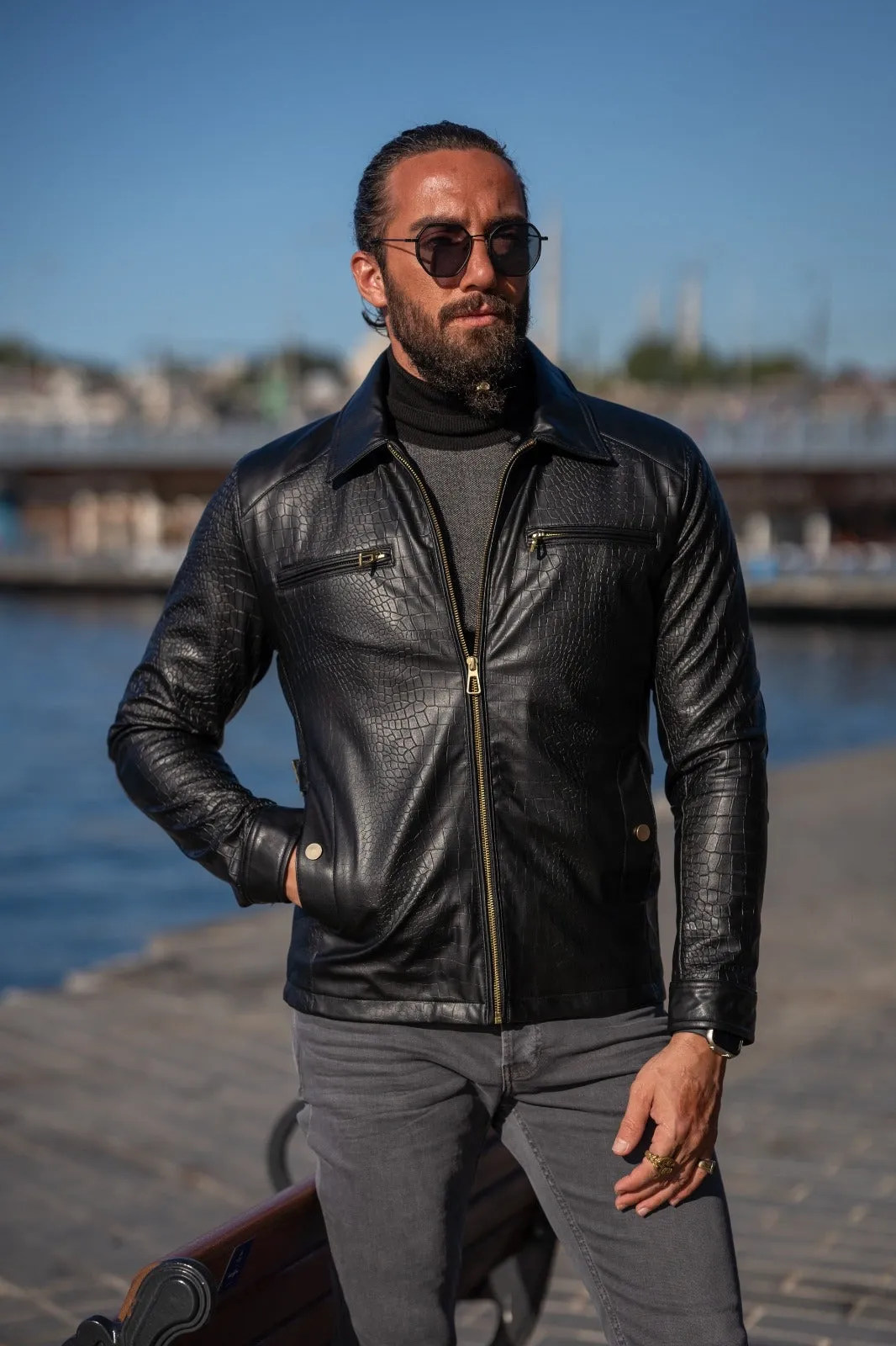 Mateo Slim Fit Leather Crocodile Style Jacket