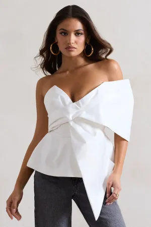 Mayfair | White Asymmetric Bardot Top With Peplum Hem