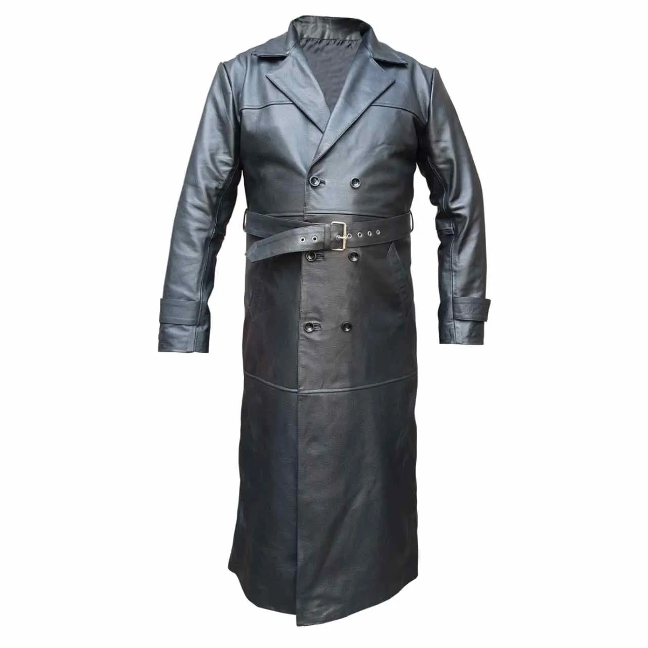 Mens Black Leather Trench Coat Full Length Double Breast Jacket For Mens - T2