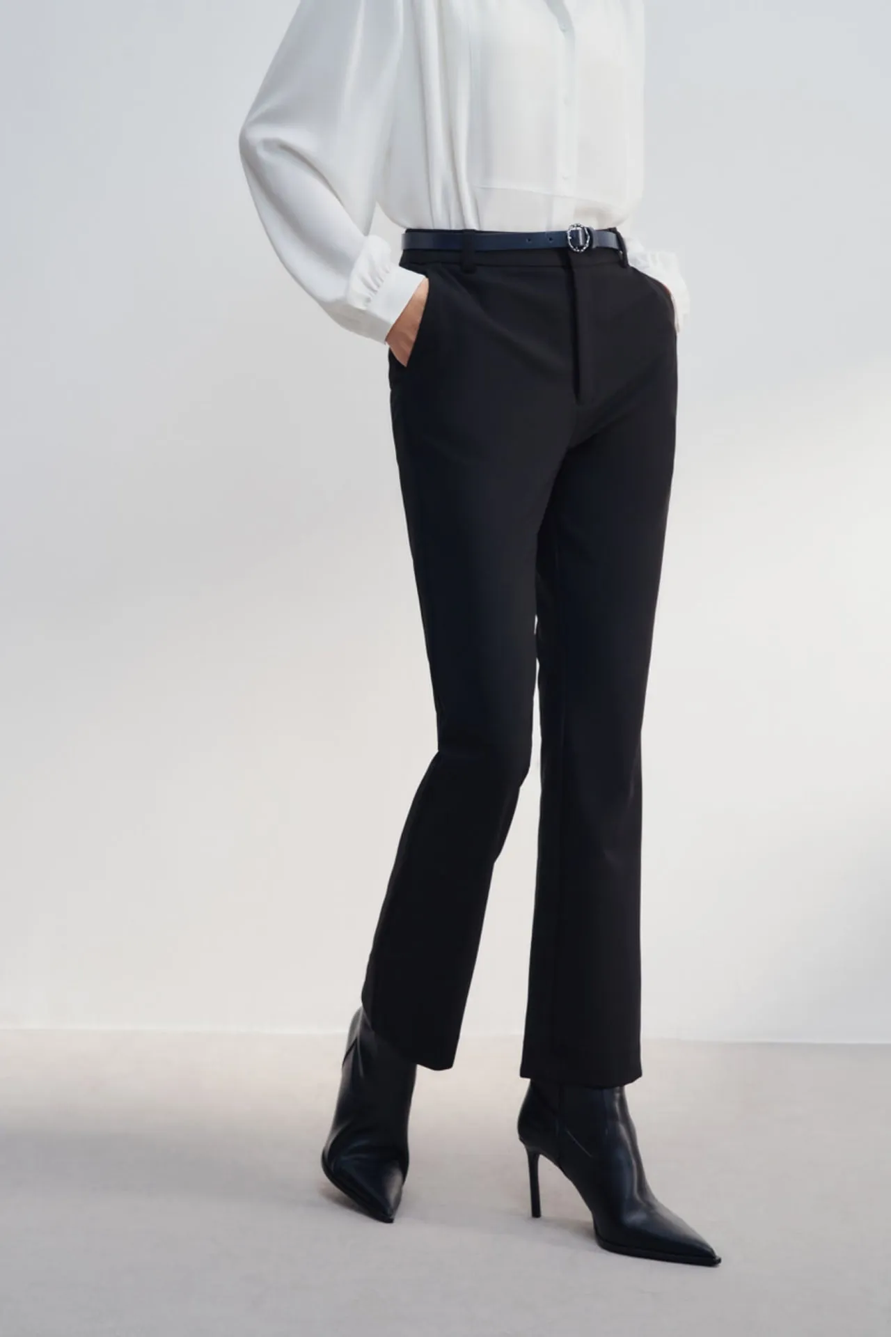 Multi-Way Stretch Plainwave Ankle Slim Boot Pants With Belt