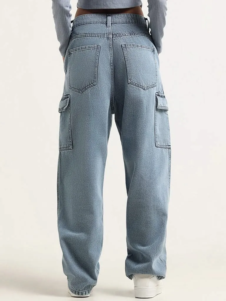 Nuon Light Blue Mid-Rise Cargo  Relaxed Fit Jeans