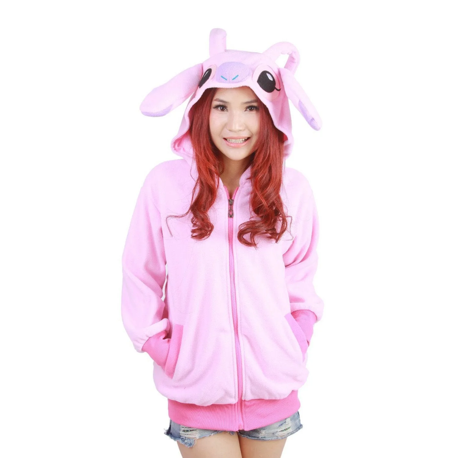 Pink Stitch Long Sleeve Cartoon Kigurumi Cotton Hoodie Coat Jacket