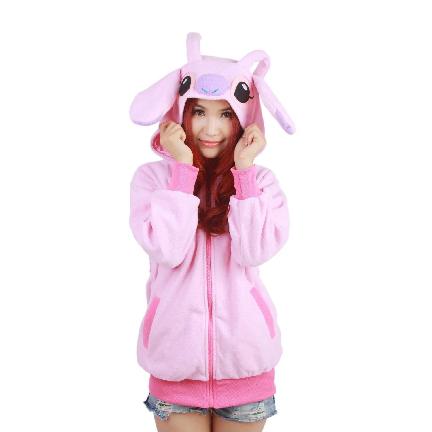 Pink Stitch Long Sleeve Cartoon Kigurumi Cotton Hoodie Coat Jacket