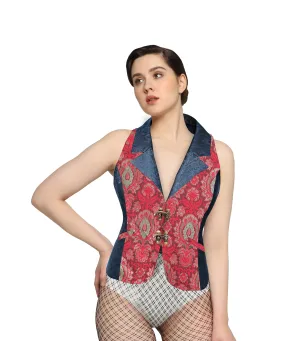 Red gold Jacquard Black brocade Ladies Waistcoat