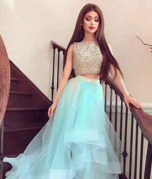 Round Neck 2 Pieces Sequins Tulle Green Long Prom Dress, 2 Pieces Green Formal Dress, Green Evening Dress