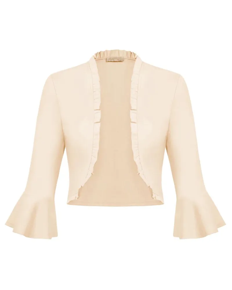 Seckill Offer⌛Ruffled Trim Shrug 3/4 Bell Sleeve Open Front Cropped Bolero