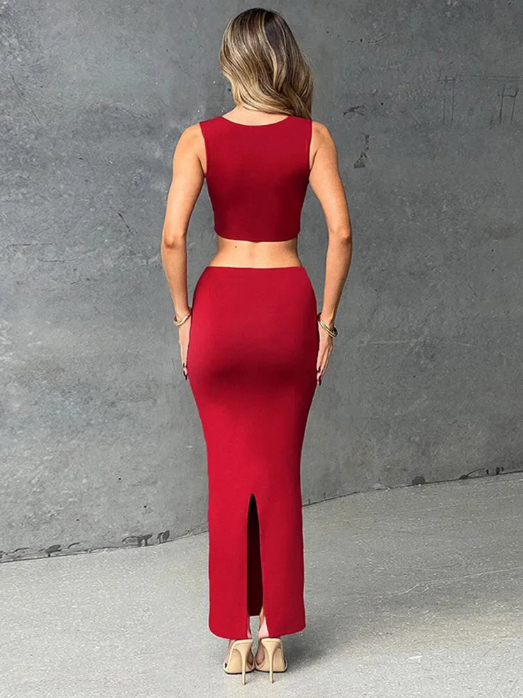 Sexy Party Spaghetti-strap Crop-top Slim-fit 2 Piece Dress