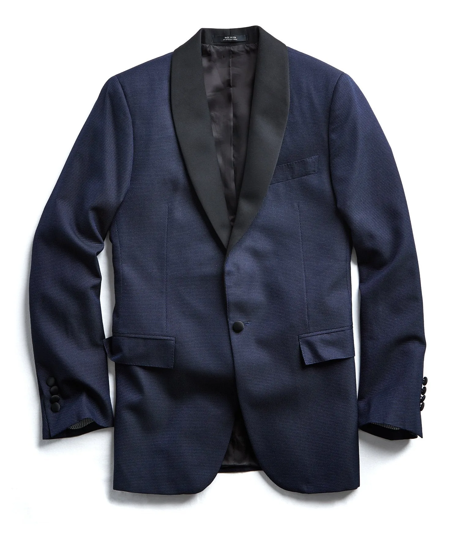 Silk Textured Jacquard Sutton Shawl Collar Diner Jacket in Navy Pindot