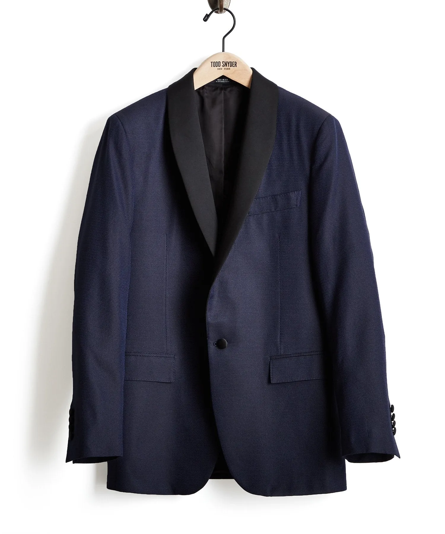 Silk Textured Jacquard Sutton Shawl Collar Diner Jacket in Navy Pindot