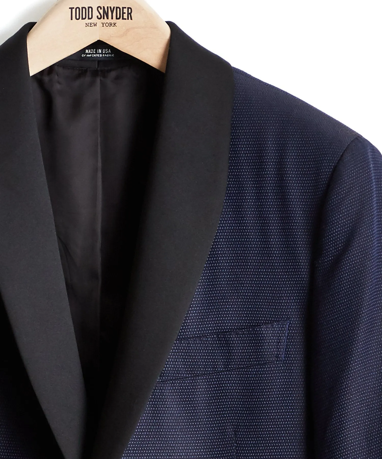 Silk Textured Jacquard Sutton Shawl Collar Diner Jacket in Navy Pindot